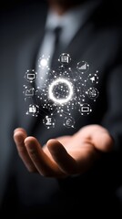 IT Consulting. Businessman holds digital consulting network connecting icon representing IT solutions, focusing on innovation, strategy, optimization, growth, and technology-driven success	
