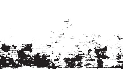 Black and white image of a weathered brick wall with heavy dark staining and a bright white background
