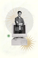 Vertical 3d poster art pop collage of happy businesswoman businessman stand pc monitor desktop mouse tool freelancer occupation