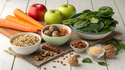 Fresh Fruits and Nuts with Colorful Vegetables on Wooden Table