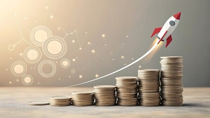 Rocket Launching Over Stacked Coins Representing Financial Growth