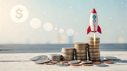 Rocket Launching from Stack of Coins Representing Financial Growth