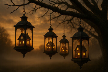 Fantasy Mini Landscapes of Lantern Tree Village Hanging From a Branch