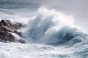 Naklejka premium Waves crash on jagged rocks as sunlight pierces morning mist, creating a stunning coastal view