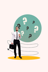 Collage of woman man person with question marks floating around symbolizing doubt decision making curiosity solution