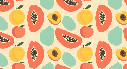 Vibrant Fruit Pattern Papaya Peaches and Abstract Shapes on Cream Background.