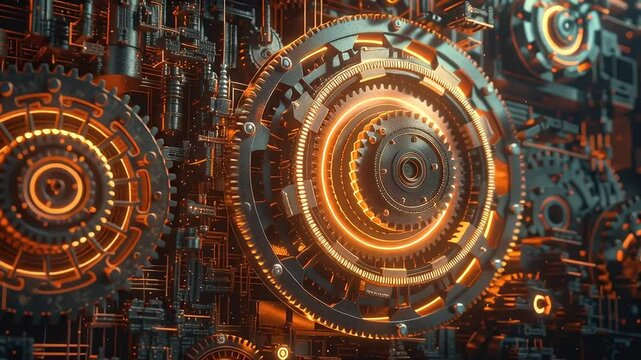 Futuristic Digital Gears and Glowing Orange Highlights in Complex Mechanical Background Design