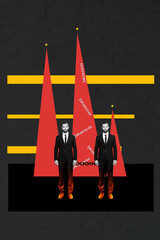 Trend sketch design montage 3D collage of trader business target charts stats two man twins stand...