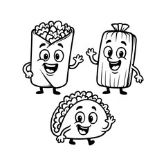 Children coloring compilation - fun cute Mexican food cartoon character isolated drawing line style sketch classic vintage design illustration