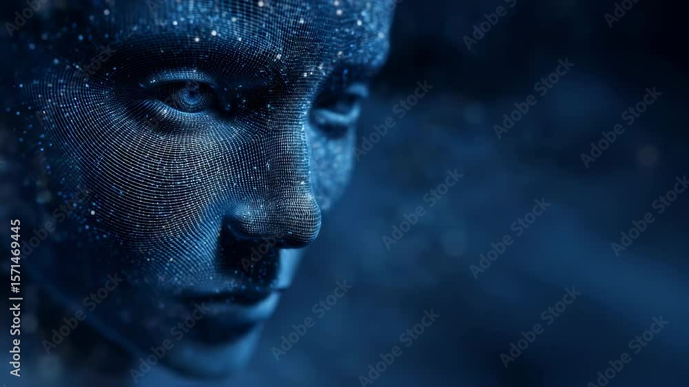Poster an abstract representation of artificial intelligence as a semitransparent face emerging from vibran