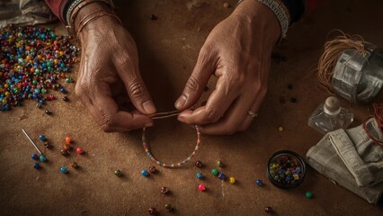 Hands stringing colorful beads to make a bracelet on a crafting table with jewelry making supplies