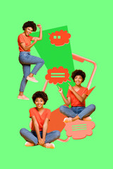 Image pop 3d zine vertical collage of happy girl guy stand phone device communication message icon...