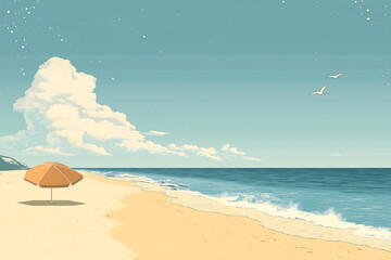 beach with an umbrella illustration in pastel blue background for summer