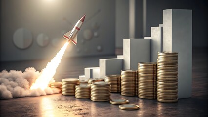 Rocket Launching Over Stacked Coins Representing Financial Growth