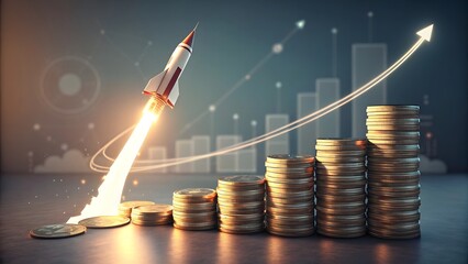 Rocket Launch Over Stacked Coins with Growth Chart Background