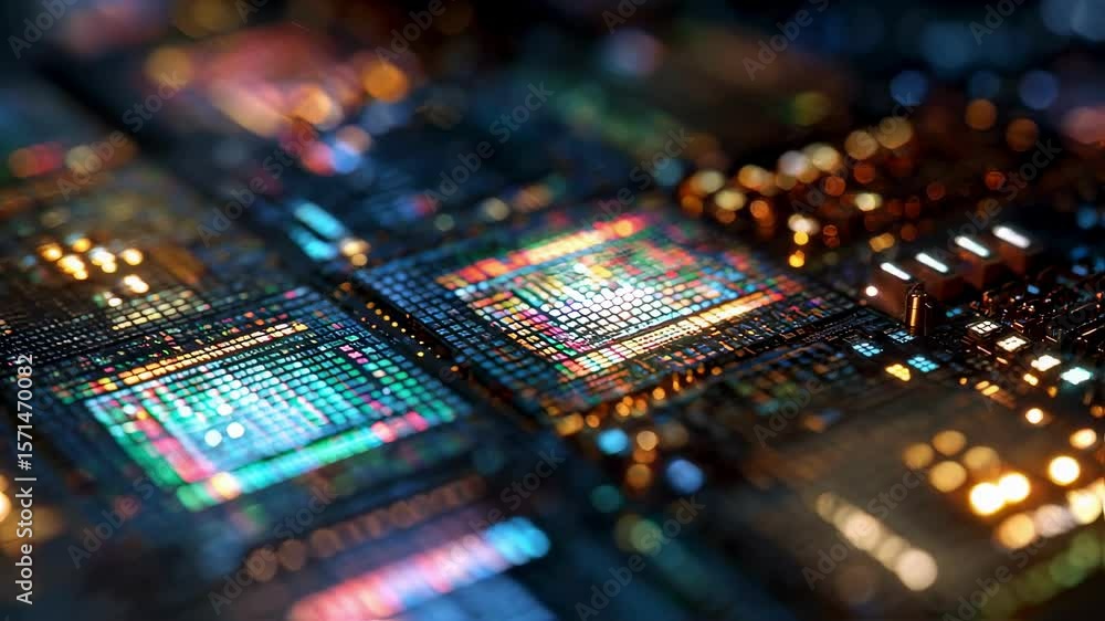 Poster complex electronic circuit board displaying vibrant data flow, symbolizing advanced technology, arti