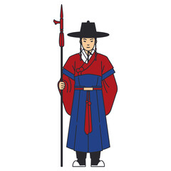 Flat vector of Korean palace guard in red and blue hanbok, black hat, holding spear. Bold cartoon style, thick outlines, no background. Cultural heritage icon, perfect for educational or historic use.