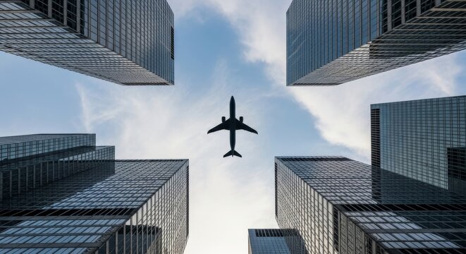 Commercial airplane flying overhead between tall glass skyscrapers in modern financial district. Urban aviation and business travel concept from low angle view.