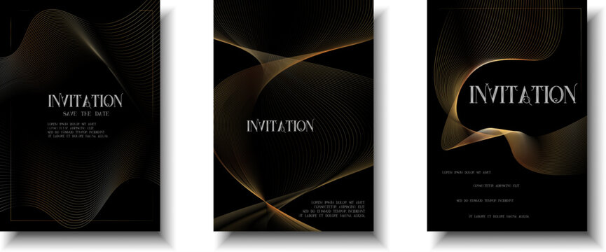 Luxury golden invitation card background, Premium geometric wave  gold line gradient frame typography design. Elegant Template for advertising, gala card, grand opening, party invitation, layout.
