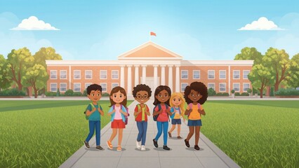A group of diverse students walking towards a school building on a sunny day with backpacks on their backs