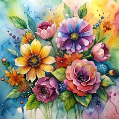 Illustration of a vibrant watercolor painting of a colorful flower bouquet
