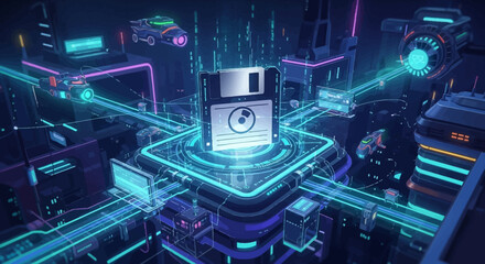 Fototapeta premium Retro-futuristic digital cityscape centered around a glowing floppy disk, showcasing interconnected technology and nostalgic computing elements.