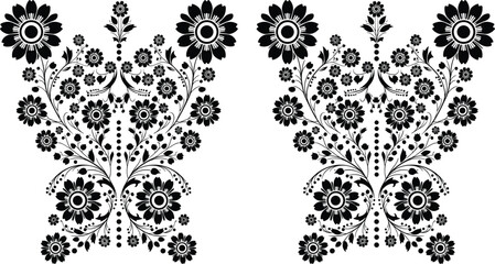 Intricate Black Floral Pattern Art with Symmetrical Botanical Design, Decorative Vector Illustration for Textile, Wallpaper, and Fabric Prints