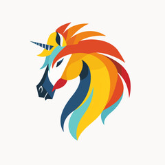 An equine unicorn figure with vibrant and geometric shapes, a stylized representation of fantasy and design. This colorful animal combines the real and the imaginary.