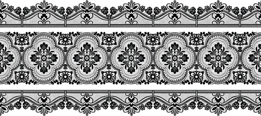 Black lace pattern sketch, horizontal decorative bands, floral medallions, scalloped edges, ornamental textile artwork, detailed fashion trim illustration