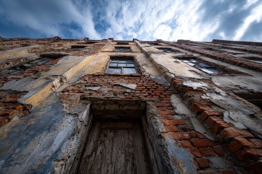 Dramatic low-angle view of a decaying brick building facade reaching up to a partly cloudy sky,