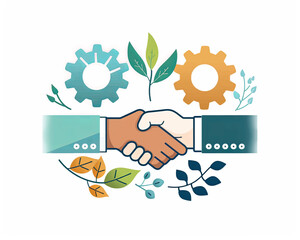 Illustration emphasizing collaboration between technology and nature, handshake, signifying agreement to foster sustainable growth, gears, leaves, harmony, balance, unity, eco friendly partnership.