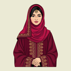 Illustration of a woman wearing a red hijab and traditional clothing, with hands clasped.