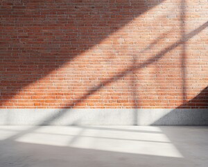 Sunlight casts shadows on a red brick wall and concrete floor, creating a minimalist, industrial-style interior scene.
