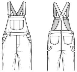 Denim overalls sketch, fashion illustration, front and back view, casual outfit design, trendy clothing, versatile apparel, stylish streetwear concept