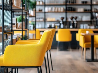 Modern interior of a cafe featuring bright yellow chairs, wooden tables, and a sleek counter with coffee machines in the background.