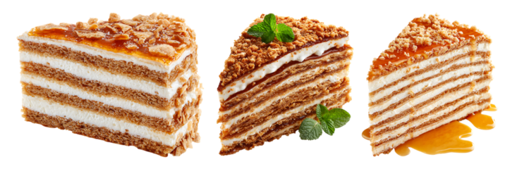 Layered honey cake with cream and nuts topping layered cake dessert