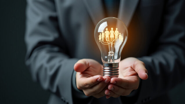 Hands in a suit hold a glowing light bulb with a family symbol inside, representing ideas related to family, community, or social innovation.