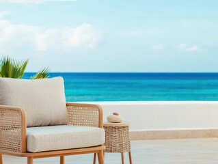 A cozy wicker chair and small wicker table sit on a terrace overlooking a calm, blue ocean under a partly cloudy sky.