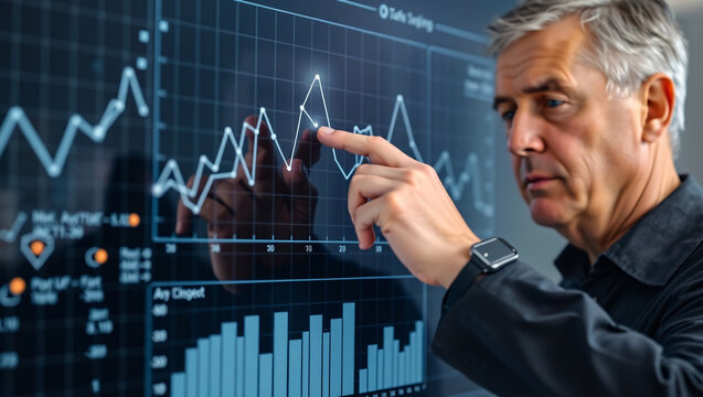 A man interacts with a digital screen showing business data charts, representing data analysis or technology in business.