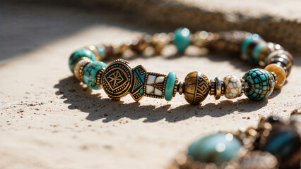 A close-up of a beaded bracelet featuring turquoise and gold-toned beads with intricate designs on a textured surface.