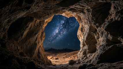 View of the starry Milky Way galaxy framed by a rocky cave opening overlooking a desert landscape under a clear night sky.