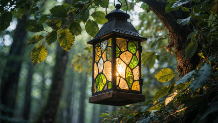 A decorative lantern with stained glass hangs from a tree branch, illuminating a serene forest scene at dusk.