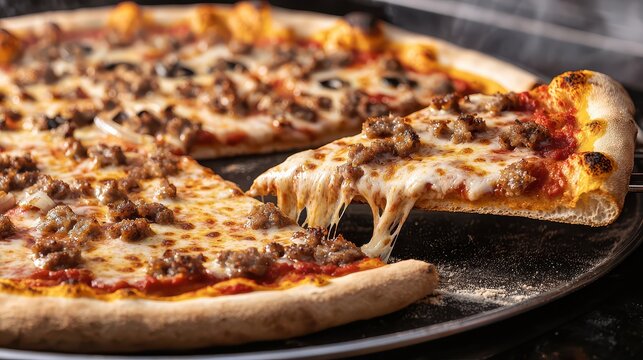 A close-up of a freshly baked pizza slice being lifted, topped with melted cheese and crumbled sausage on a crisp crust.
