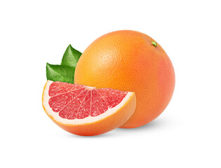 Grapefruit and a slice isolated with leaves.