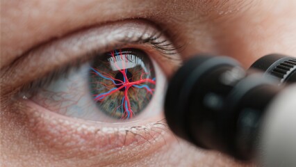 Close-up of a human eye with blood vessels digitally highlighted, viewed through a medical device for detailed examination.