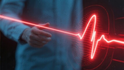 A person interacts with a glowing red digital heartbeat waveform, symbolizing health monitoring and futuristic medical technology.
