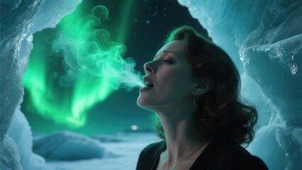 A woman exhales breath vapor inside an icy cave with the Northern Lights glowing vividly in the night sky.