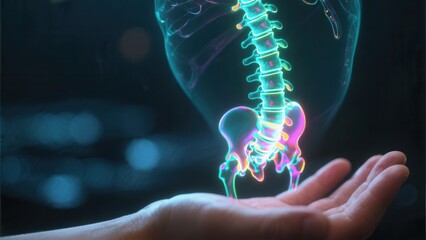 A glowing 3D digital hologram of a human spine and pelvis floats above an outstretched hand in a dark, blurred environment.