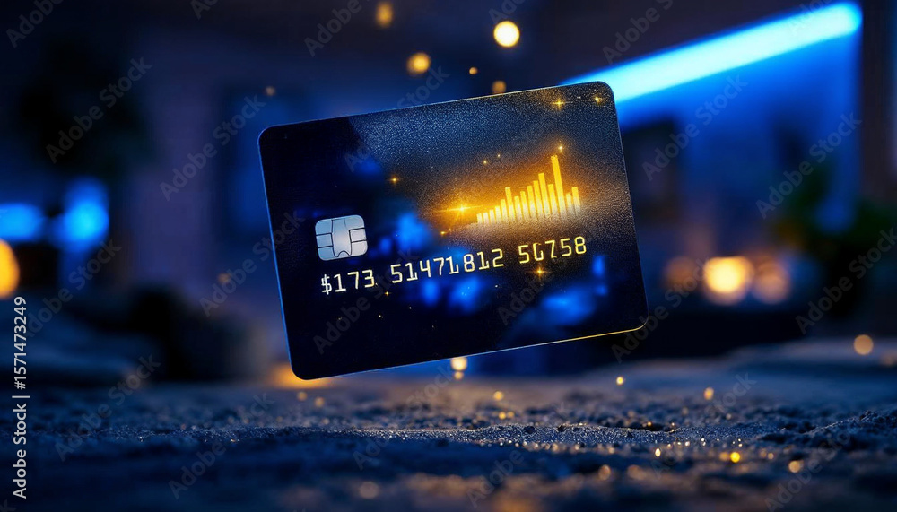 Poster a futuristic credit card with digital financial data and glowing graph elements floats over a textur