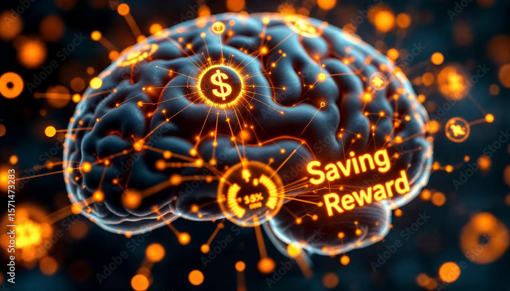 Poster digital brain with glowing orange financial icons and connections highlighting concepts of saving mo
